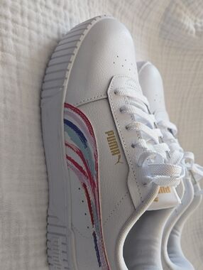 Puma Carina  White Sneakers with Multicolor Brushstroke Detail